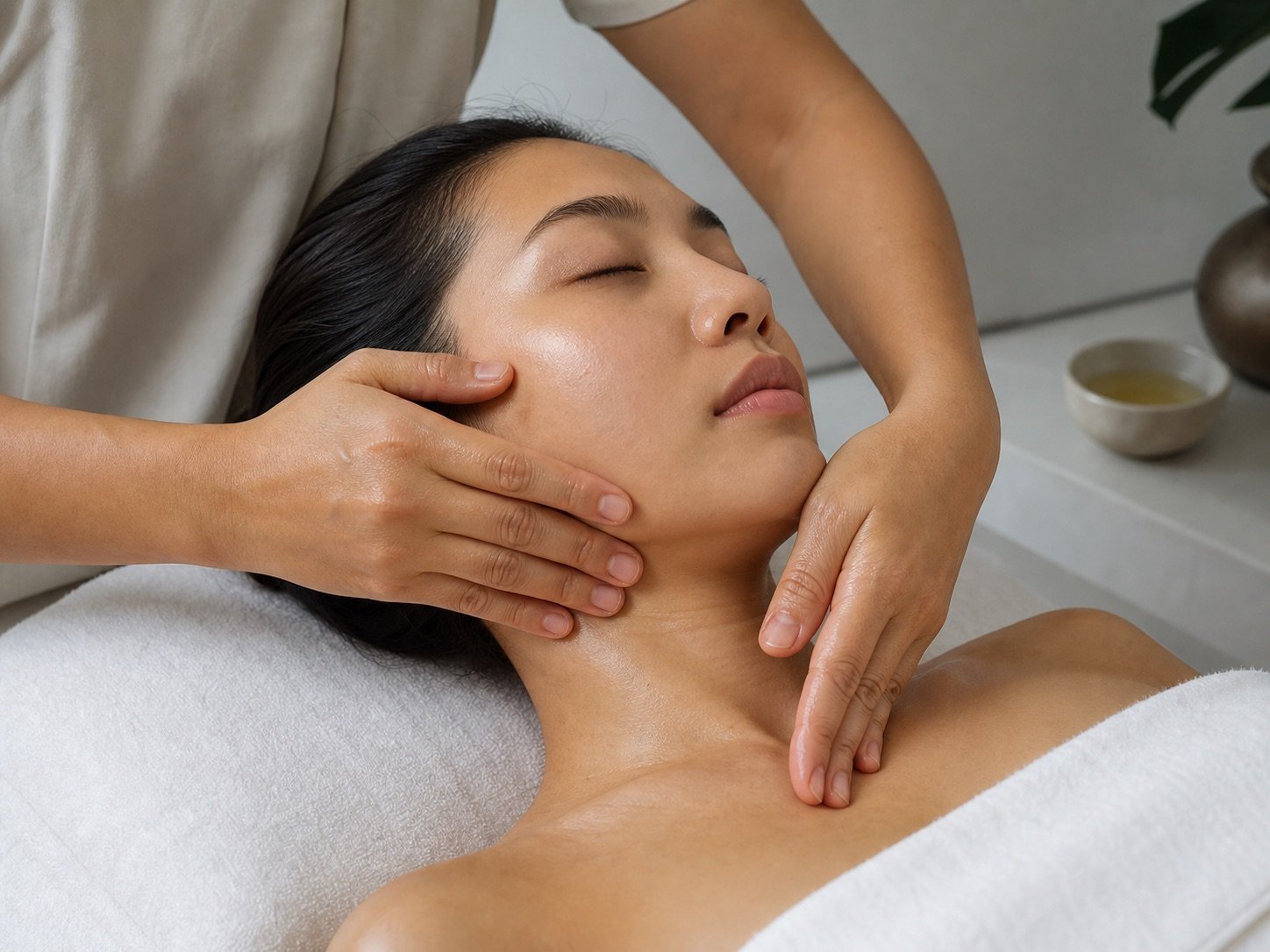 Close-up of professional lymphatic face sculpting massage around jawline and neck