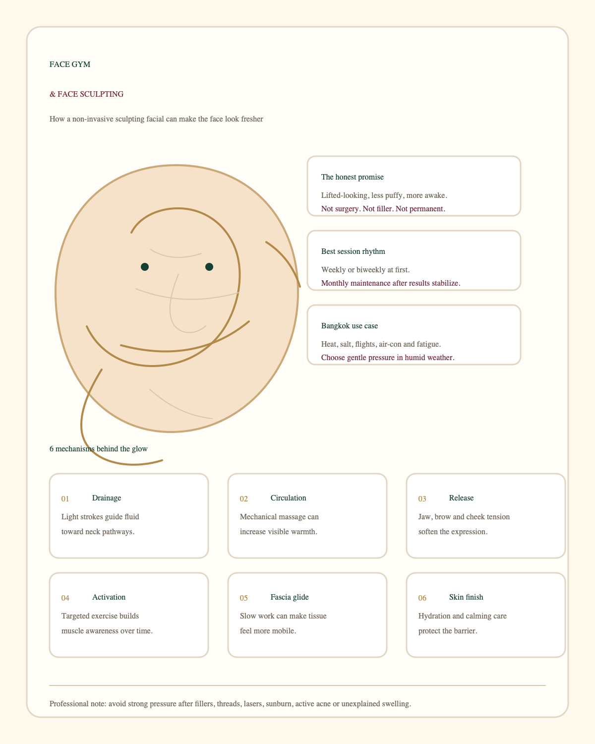 Infographic explaining drainage, circulation, release, activation, fascia glide and skin finish in Face Gym