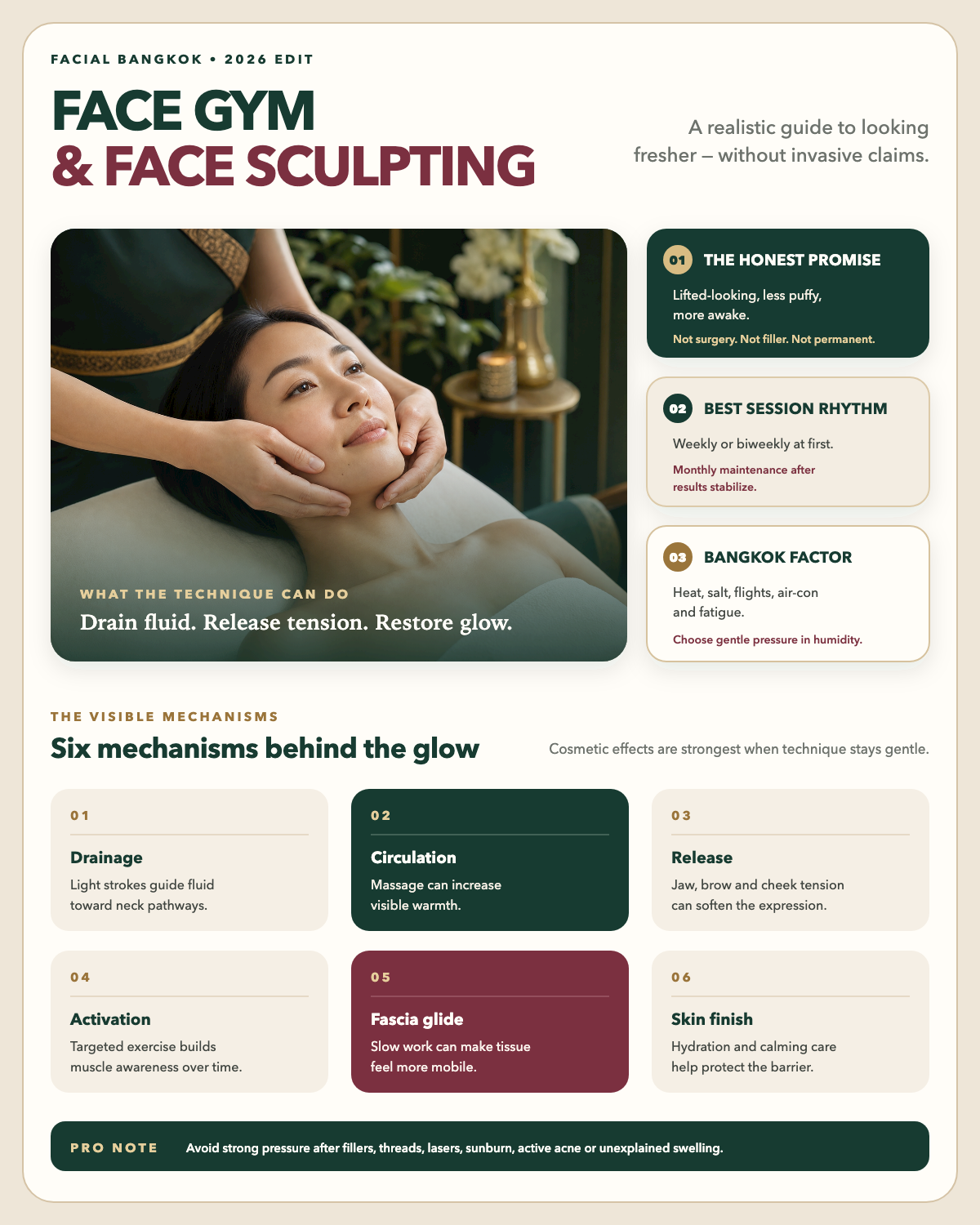 Professional Face Gym infographic with a realistic face-sculpting massage illustration and six mechanisms behind the glow