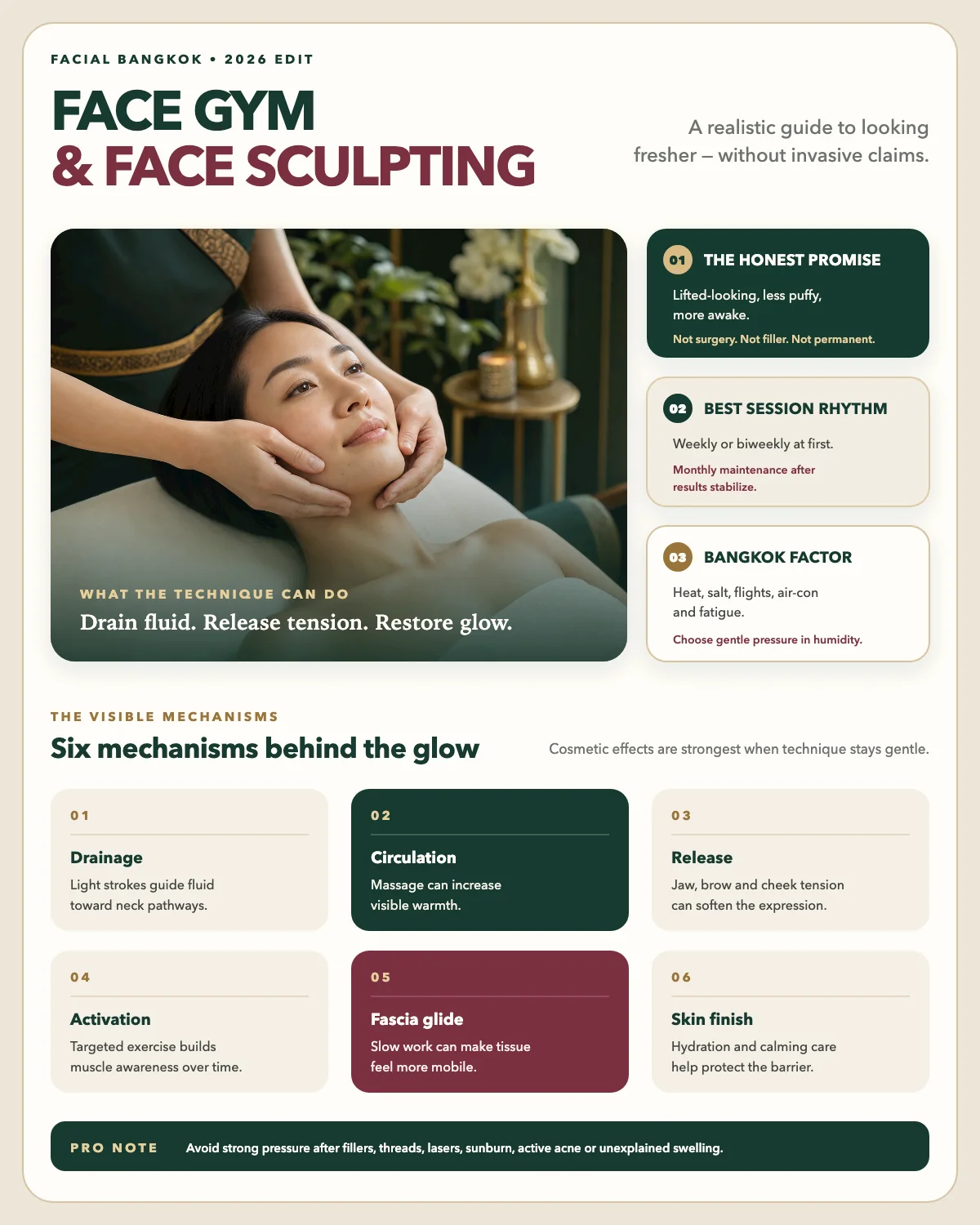 Professional Face Gym infographic with a realistic face-sculpting massage illustration and six mechanisms behind the glow