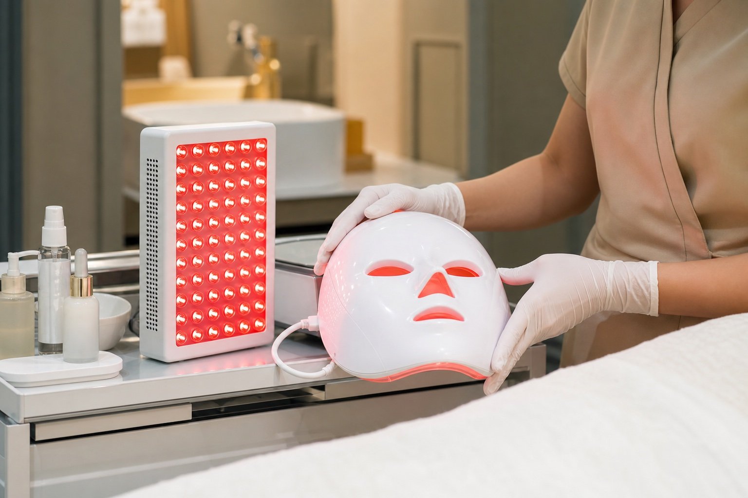 LED red light therapy mask and panel prepared for a Bangkok facial treatment