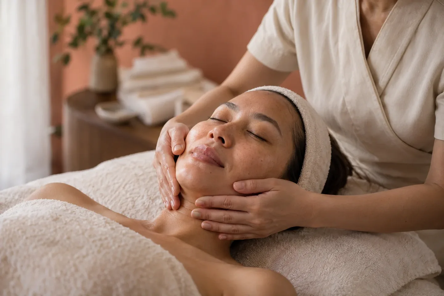 Generated editorial illustration of a relaxed guest receiving facial massage in warm natural light